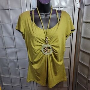 J.T.B green short sleeve top with metal embellishments.  Large